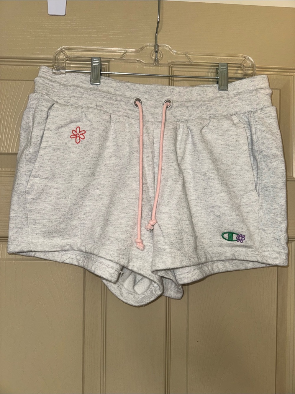 Champion Light Gray Athletic Shorts with Pink Drawstring